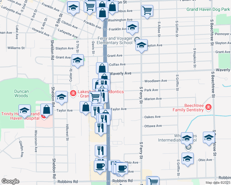 map of restaurants, bars, coffee shops, grocery stores, and more near 808 South Beacon Boulevard in Grand Haven