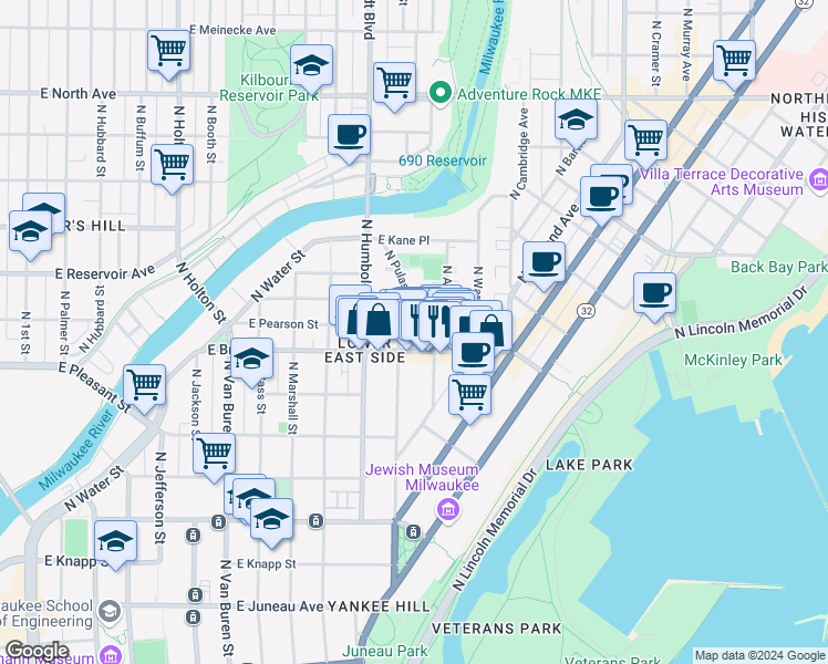 map of restaurants, bars, coffee shops, grocery stores, and more near 1240 East Brady Street in Milwaukee