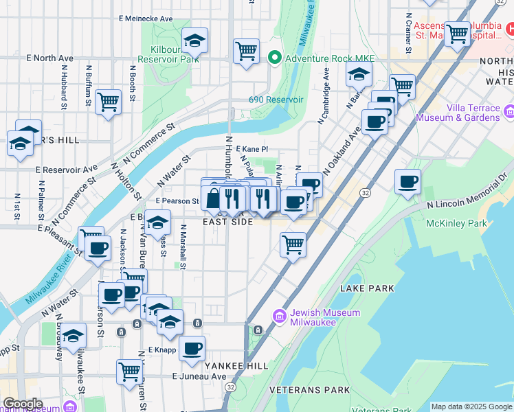 map of restaurants, bars, coffee shops, grocery stores, and more near 1692 North Humboldt Avenue in Milwaukee