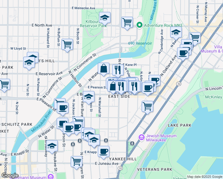 map of restaurants, bars, coffee shops, grocery stores, and more near in Milwaukee
