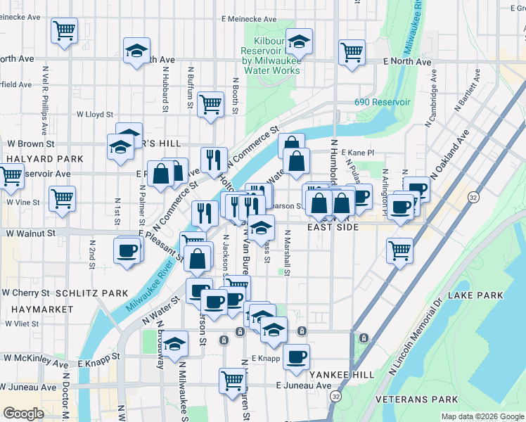 map of restaurants, bars, coffee shops, grocery stores, and more near in Milwaukee