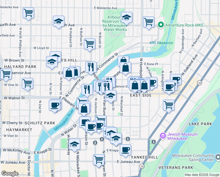 map of restaurants, bars, coffee shops, grocery stores, and more near in Milwaukee