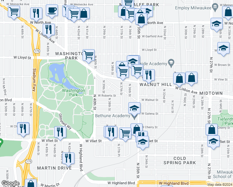 map of restaurants, bars, coffee shops, grocery stores, and more near 1728 North 37th Street in Milwaukee