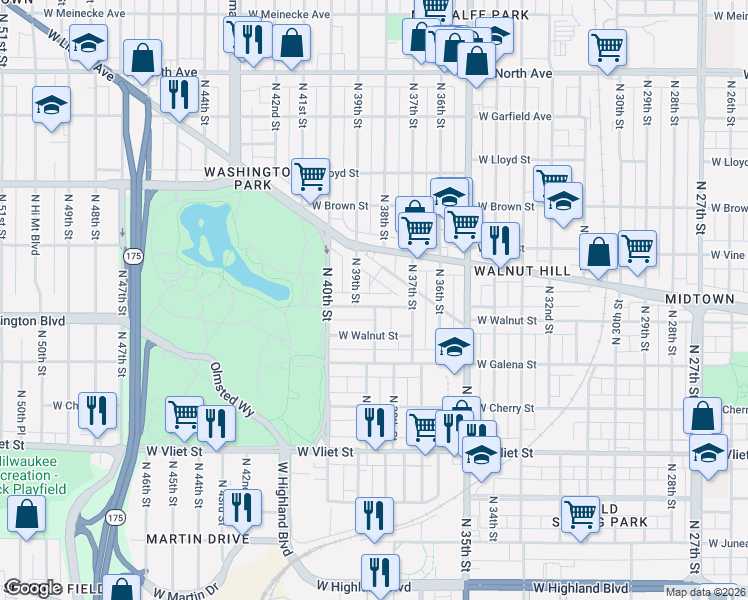 map of restaurants, bars, coffee shops, grocery stores, and more near 1710 North 38th Street in Milwaukee