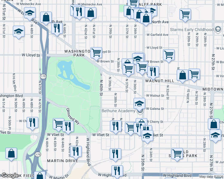 map of restaurants, bars, coffee shops, grocery stores, and more near 1710 North 38th Street in Milwaukee
