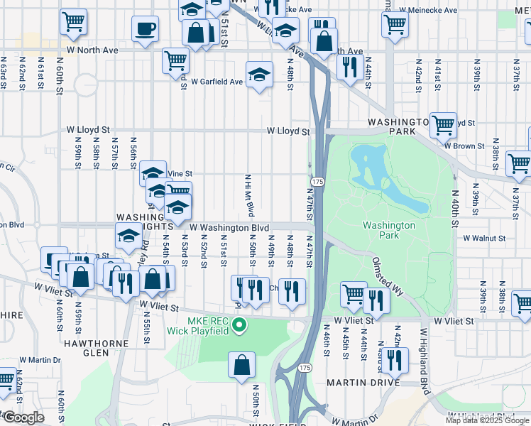 map of restaurants, bars, coffee shops, grocery stores, and more near 4905 West Washington Boulevard in Milwaukee