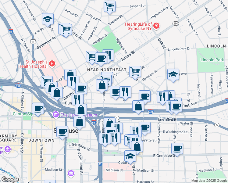 map of restaurants, bars, coffee shops, grocery stores, and more near 315 Hawley Avenue in Syracuse