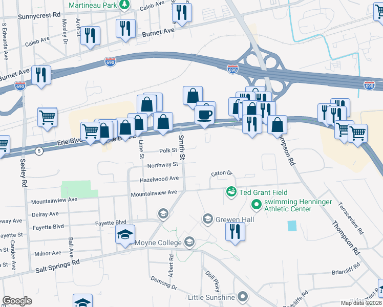 map of restaurants, bars, coffee shops, grocery stores, and more near 214 Polk Street in Syracuse