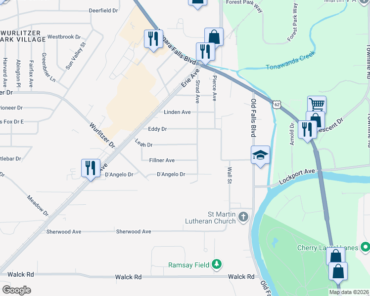 map of restaurants, bars, coffee shops, grocery stores, and more near 1727 Leah Drive in North Tonawanda