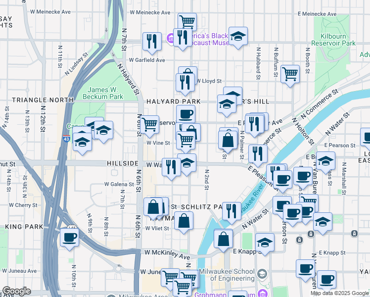 map of restaurants, bars, coffee shops, grocery stores, and more near 1739-1745 North Doctor Martin Luther King Junior Drive in Milwaukee