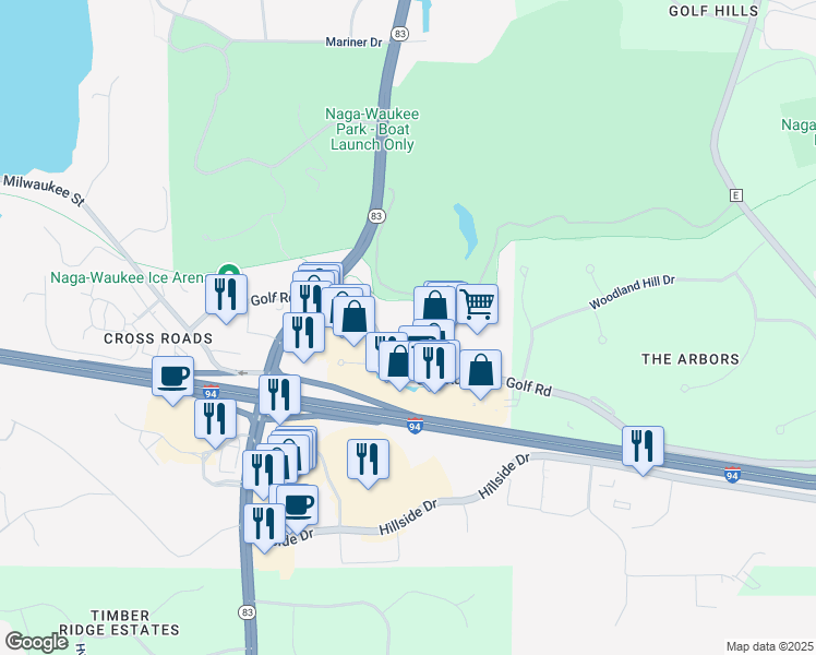 map of restaurants, bars, coffee shops, grocery stores, and more near 3105 Golf Road in Delafield
