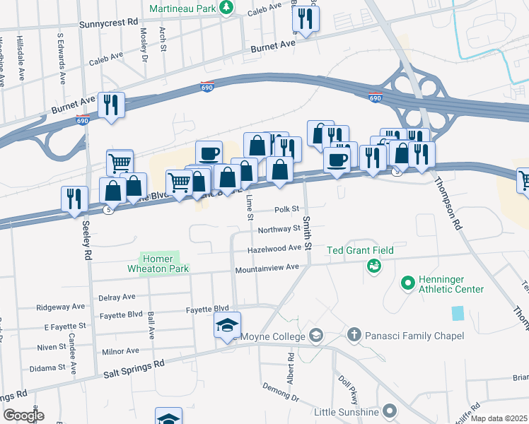 map of restaurants, bars, coffee shops, grocery stores, and more near 805 Northway Street in Syracuse