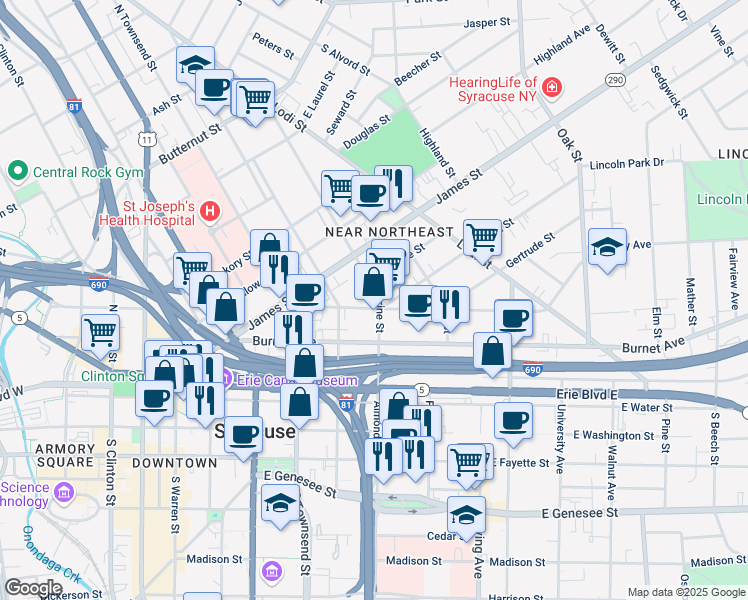 map of restaurants, bars, coffee shops, grocery stores, and more near 214 Hawley Avenue in Syracuse