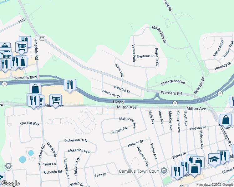 map of restaurants, bars, coffee shops, grocery stores, and more near 118 Westover Street in Syracuse