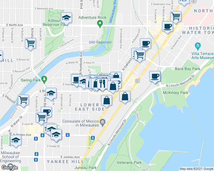 map of restaurants, bars, coffee shops, grocery stores, and more near in Milwaukee