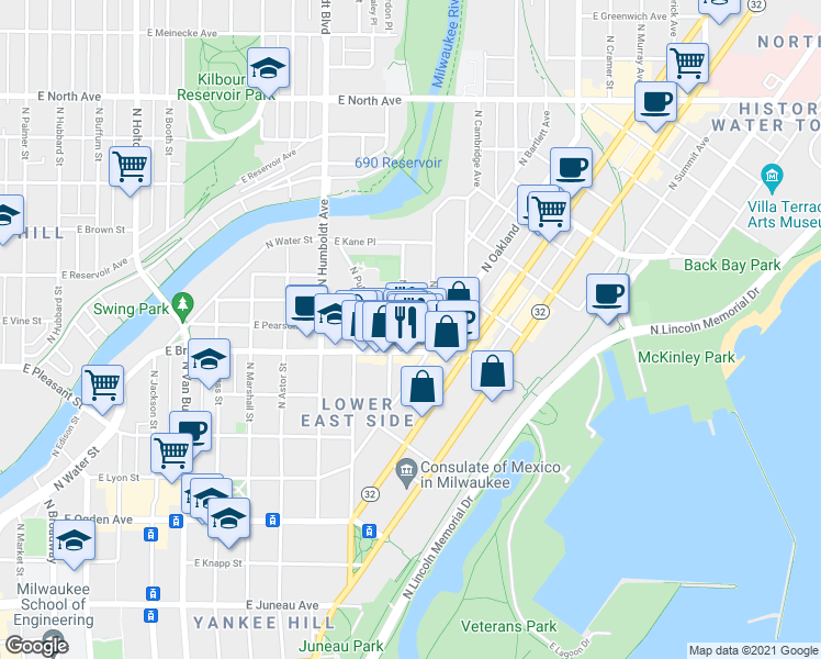 map of restaurants, bars, coffee shops, grocery stores, and more near in Milwaukee