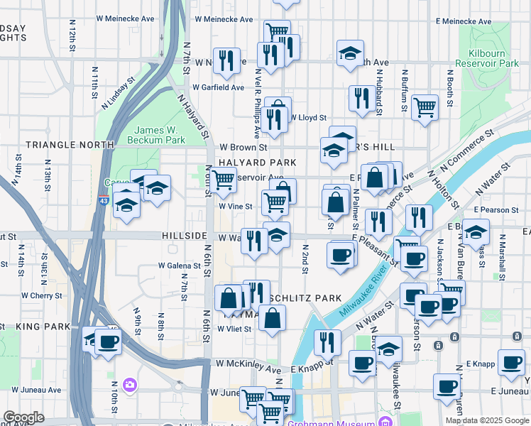map of restaurants, bars, coffee shops, grocery stores, and more near 1739-1745 North Doctor Martin Luther King Junior Drive in Milwaukee