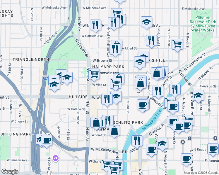 map of restaurants, bars, coffee shops, grocery stores, and more near 1739-1745 North Doctor Martin Luther King Junior Drive in Milwaukee