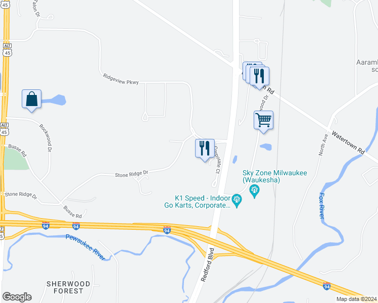 map of restaurants, bars, coffee shops, grocery stores, and more near W231N1600 Corporate Ct in Waukesha