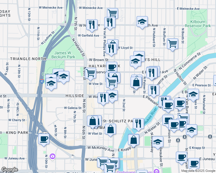 map of restaurants, bars, coffee shops, grocery stores, and more near 325 West Vine Street in Milwaukee