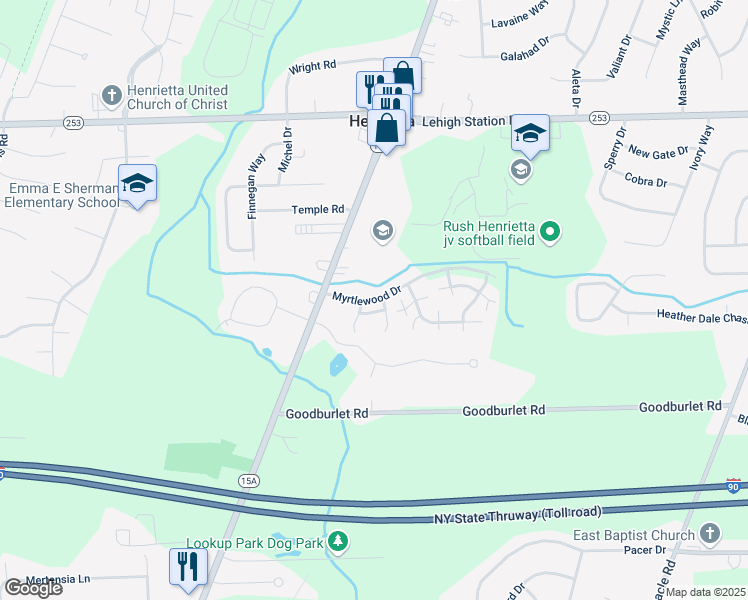 map of restaurants, bars, coffee shops, grocery stores, and more near 163 Myrtlewood Drive in Henrietta