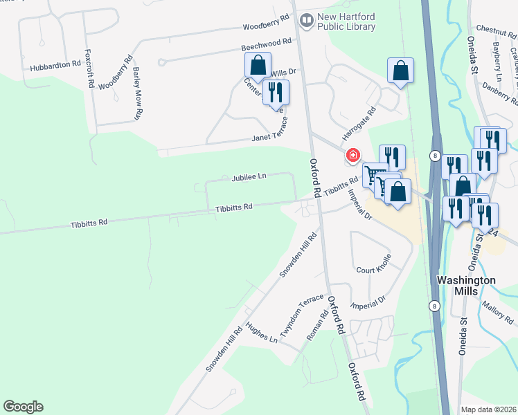map of restaurants, bars, coffee shops, grocery stores, and more near 9020 Tibbitts Road in New Hartford