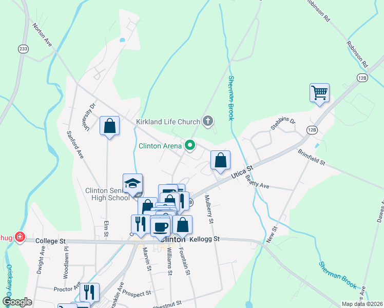 map of restaurants, bars, coffee shops, grocery stores, and more near 36 Kirkland Avenue in Clinton