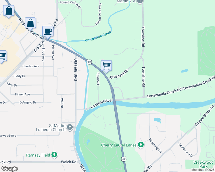 map of restaurants, bars, coffee shops, grocery stores, and more near 3960 Niagara Falls Boulevard in North Tonawanda
