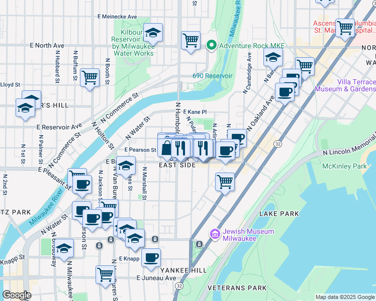 map of restaurants, bars, coffee shops, grocery stores, and more near 1692 North Humboldt Avenue in Milwaukee