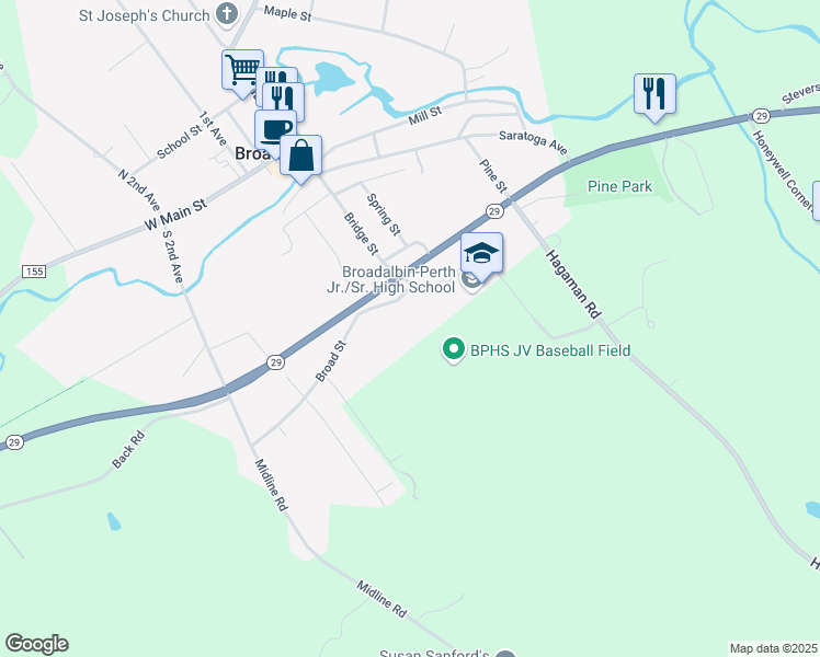 map of restaurants, bars, coffee shops, grocery stores, and more near 100 Bridge Street in Broadalbin