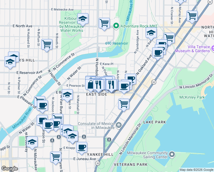 map of restaurants, bars, coffee shops, grocery stores, and more near 1692 North Humboldt Avenue in Milwaukee