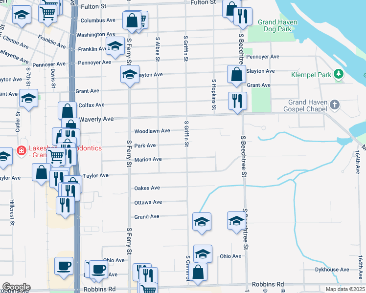 map of restaurants, bars, coffee shops, grocery stores, and more near 819 South Griffin Street in Grand Haven