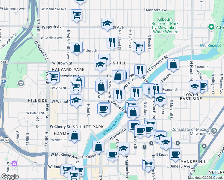 map of restaurants, bars, coffee shops, grocery stores, and more near 1731 Hubbard Street in Milwaukee
