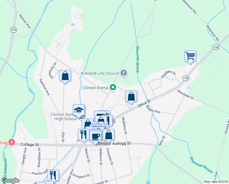 map of restaurants, bars, coffee shops, grocery stores, and more near 36 Kirkland Avenue in Clinton