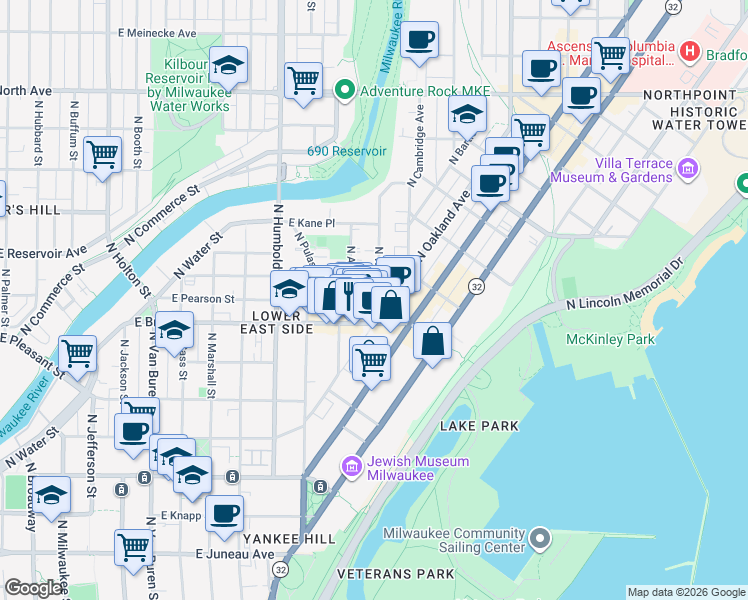 map of restaurants, bars, coffee shops, grocery stores, and more near 1731 North Warren Avenue in Milwaukee