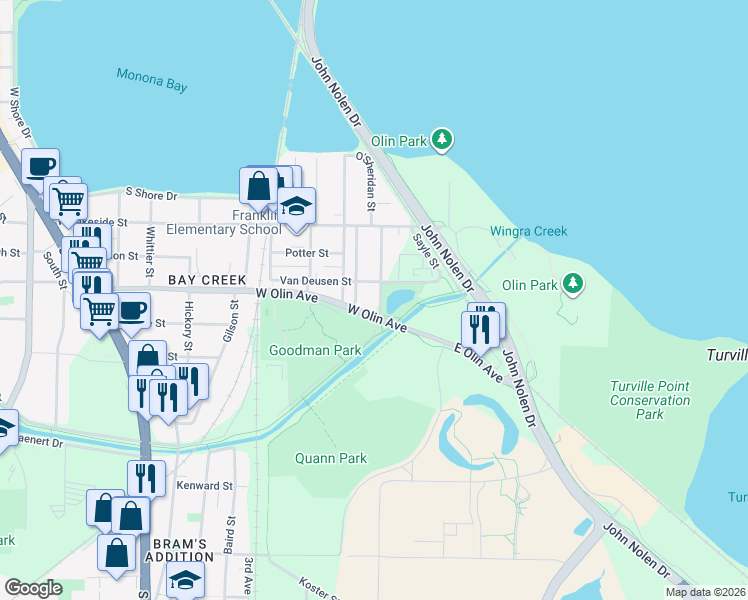 map of restaurants, bars, coffee shops, grocery stores, and more near 100 West Olin Avenue in Madison