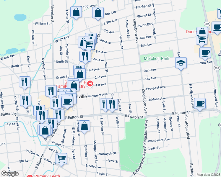 map of restaurants, bars, coffee shops, grocery stores, and more near 50 Prospect Avenue in Gloversville