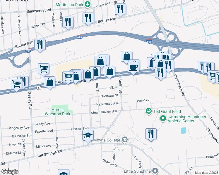 map of restaurants, bars, coffee shops, grocery stores, and more near 905 Northway Street in Syracuse
