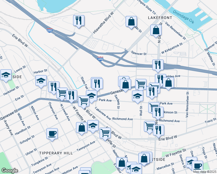 map of restaurants, bars, coffee shops, grocery stores, and more near 1257 West Genesee Street in Syracuse