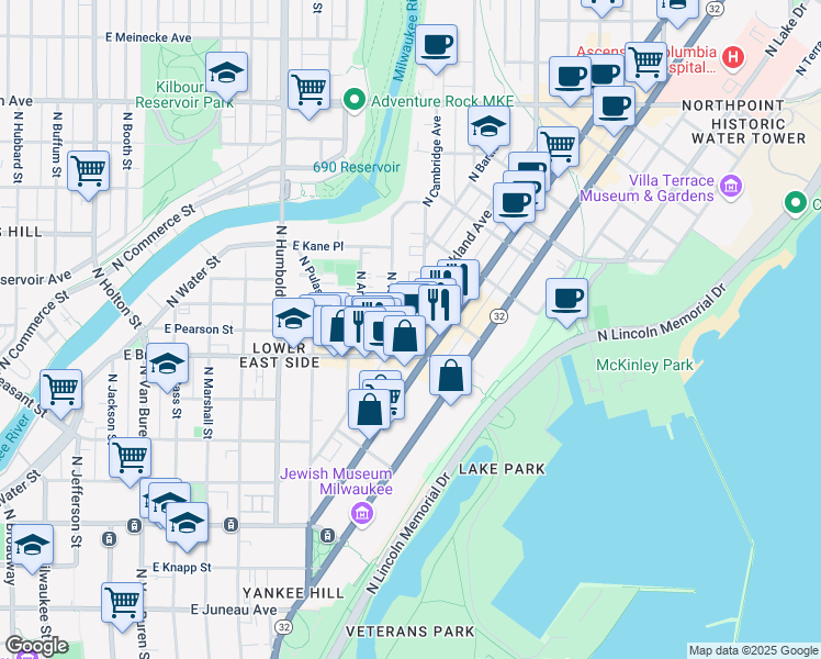 map of restaurants, bars, coffee shops, grocery stores, and more near in Milwaukee