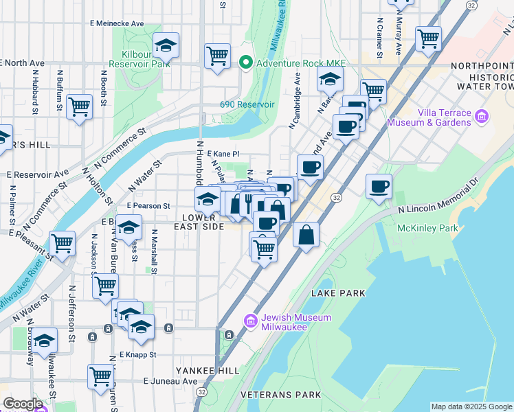 map of restaurants, bars, coffee shops, grocery stores, and more near in Milwaukee