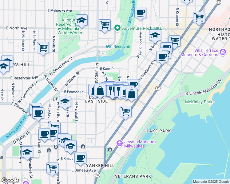 map of restaurants, bars, coffee shops, grocery stores, and more near 1240 East Brady Street in Milwaukee