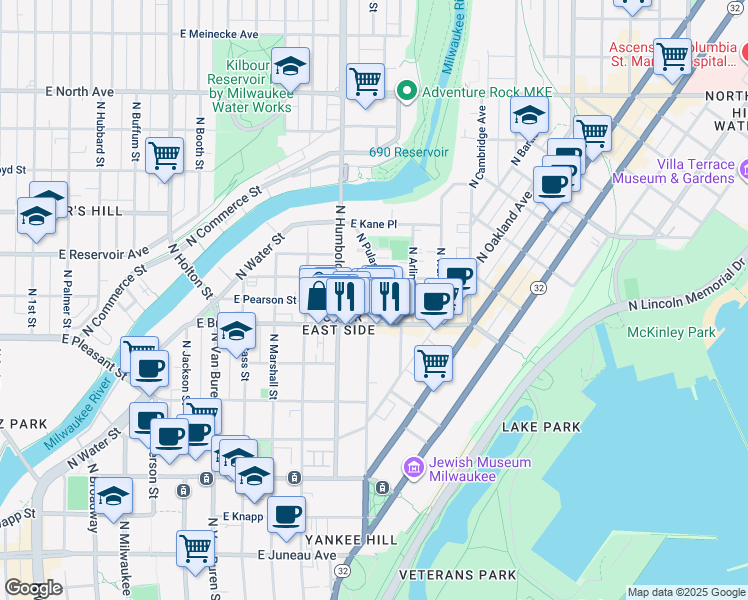 map of restaurants, bars, coffee shops, grocery stores, and more near 1692 North Humboldt Avenue in Milwaukee