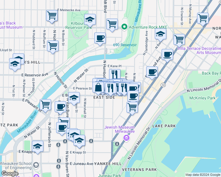 map of restaurants, bars, coffee shops, grocery stores, and more near 1692 North Humboldt Avenue in Milwaukee