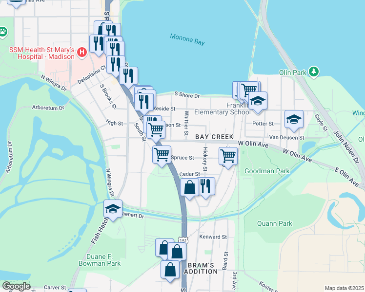map of restaurants, bars, coffee shops, grocery stores, and more near 635 Spruce Street in Madison