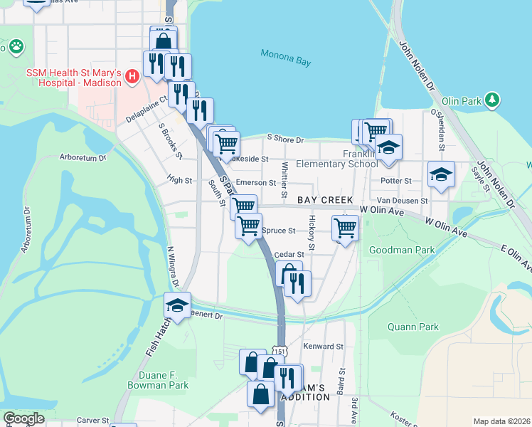 map of restaurants, bars, coffee shops, grocery stores, and more near 726 Spruce Street in Madison