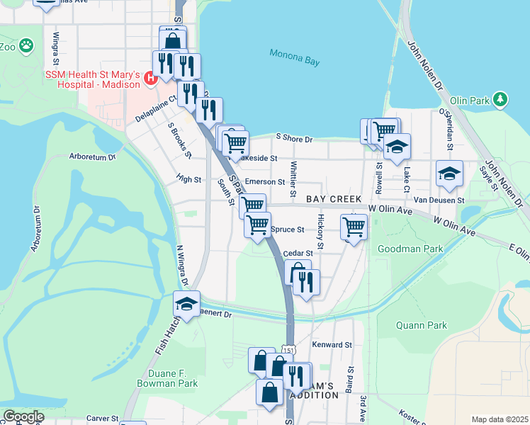 map of restaurants, bars, coffee shops, grocery stores, and more near 726 Spruce Street in Madison