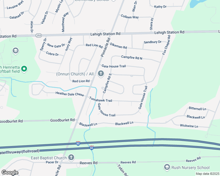 map of restaurants, bars, coffee shops, grocery stores, and more near 57 Campfire Road South in Henrietta