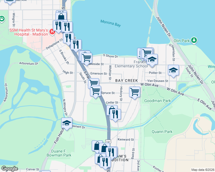 map of restaurants, bars, coffee shops, grocery stores, and more near 635 Spruce Street in Madison