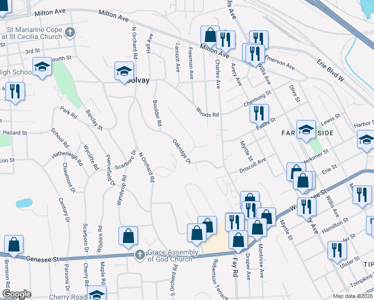 map of restaurants, bars, coffee shops, grocery stores, and more near 203 Oakridge Drive in Syracuse